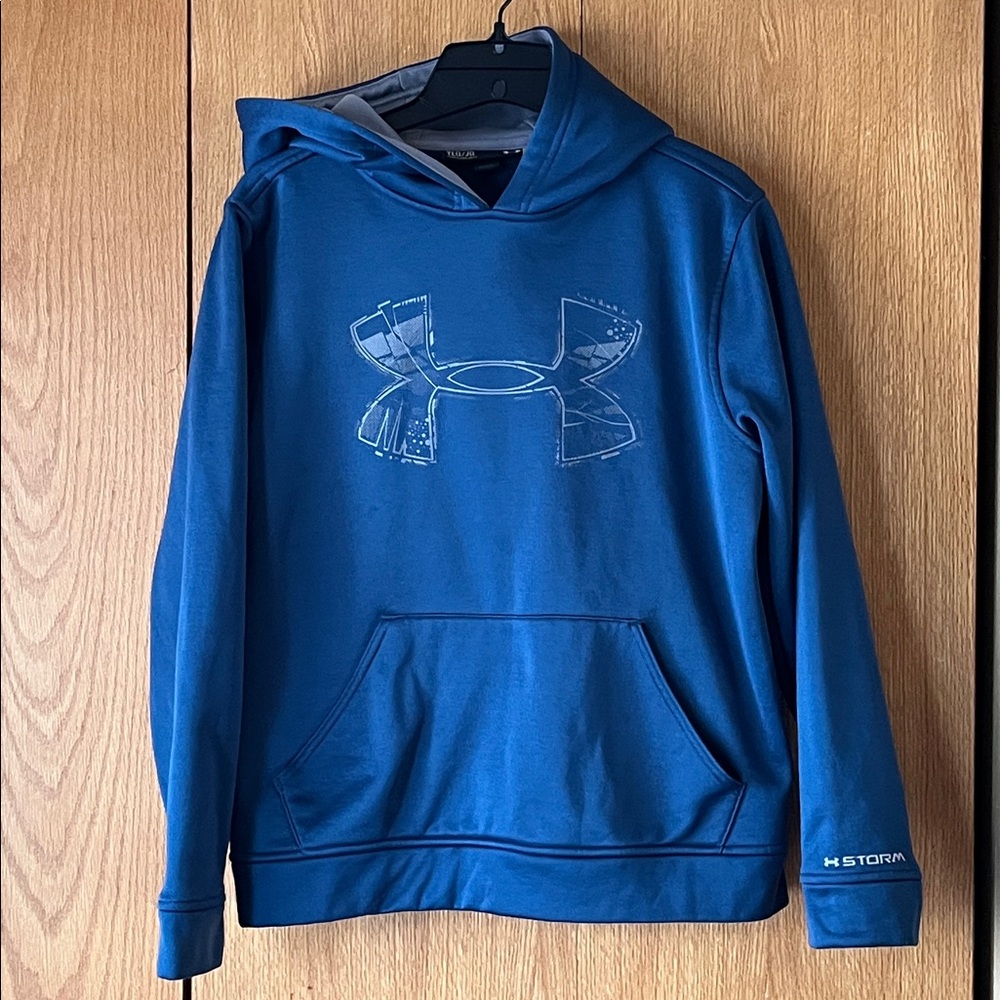 Under Armour Storm LOOSE Boy’s Large Blue Gray Logo Hoodie Fleece Backed EUC